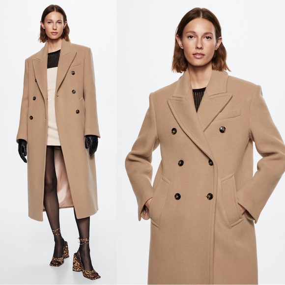 MANGO NWOT Neutral Camel Beige Long Double Breasted Virgin Italian Wool Coat S - Picture 9 of 16
